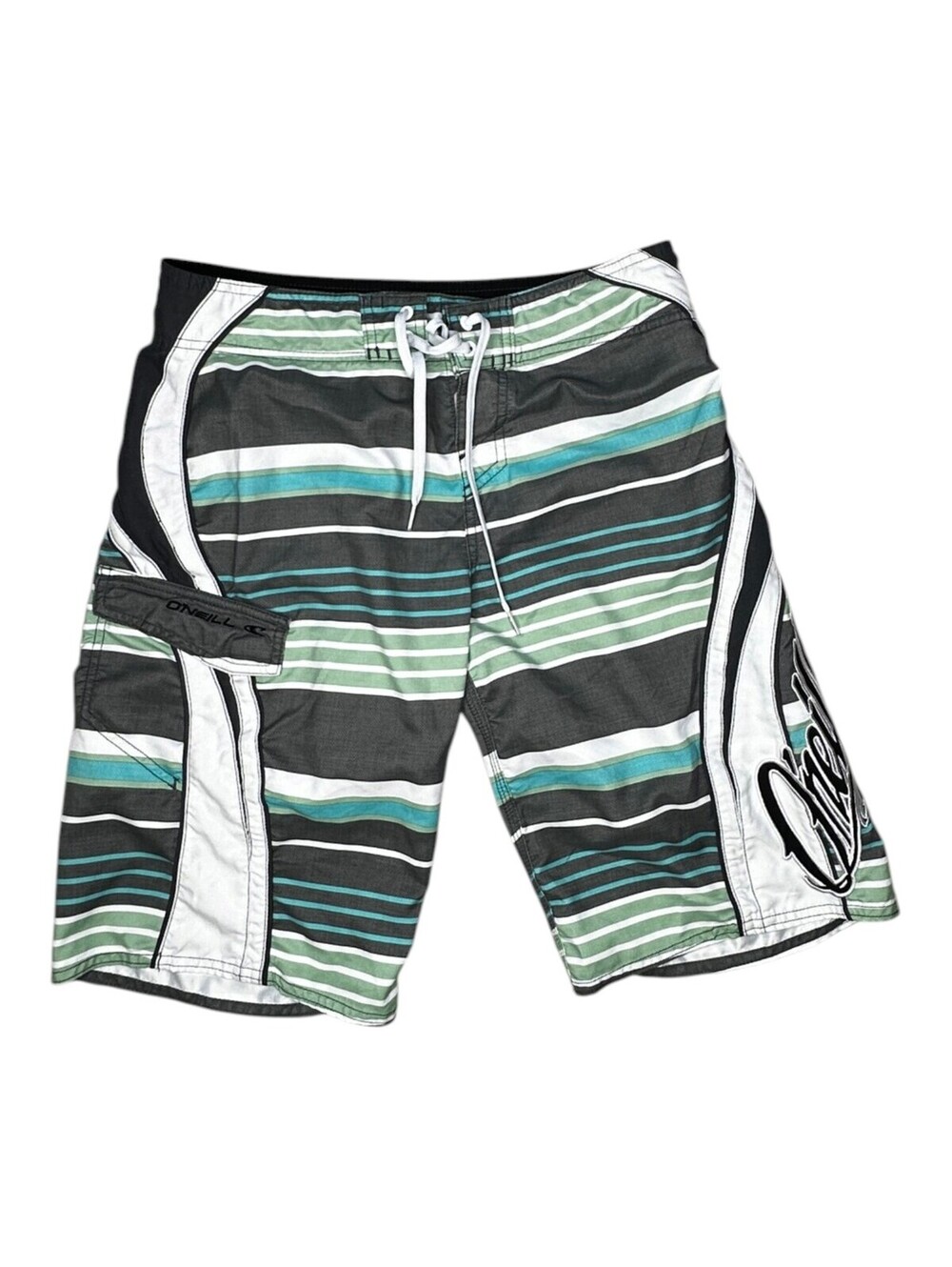 O'Neill Men's Gray and Green Striped Board Shorts Size 30